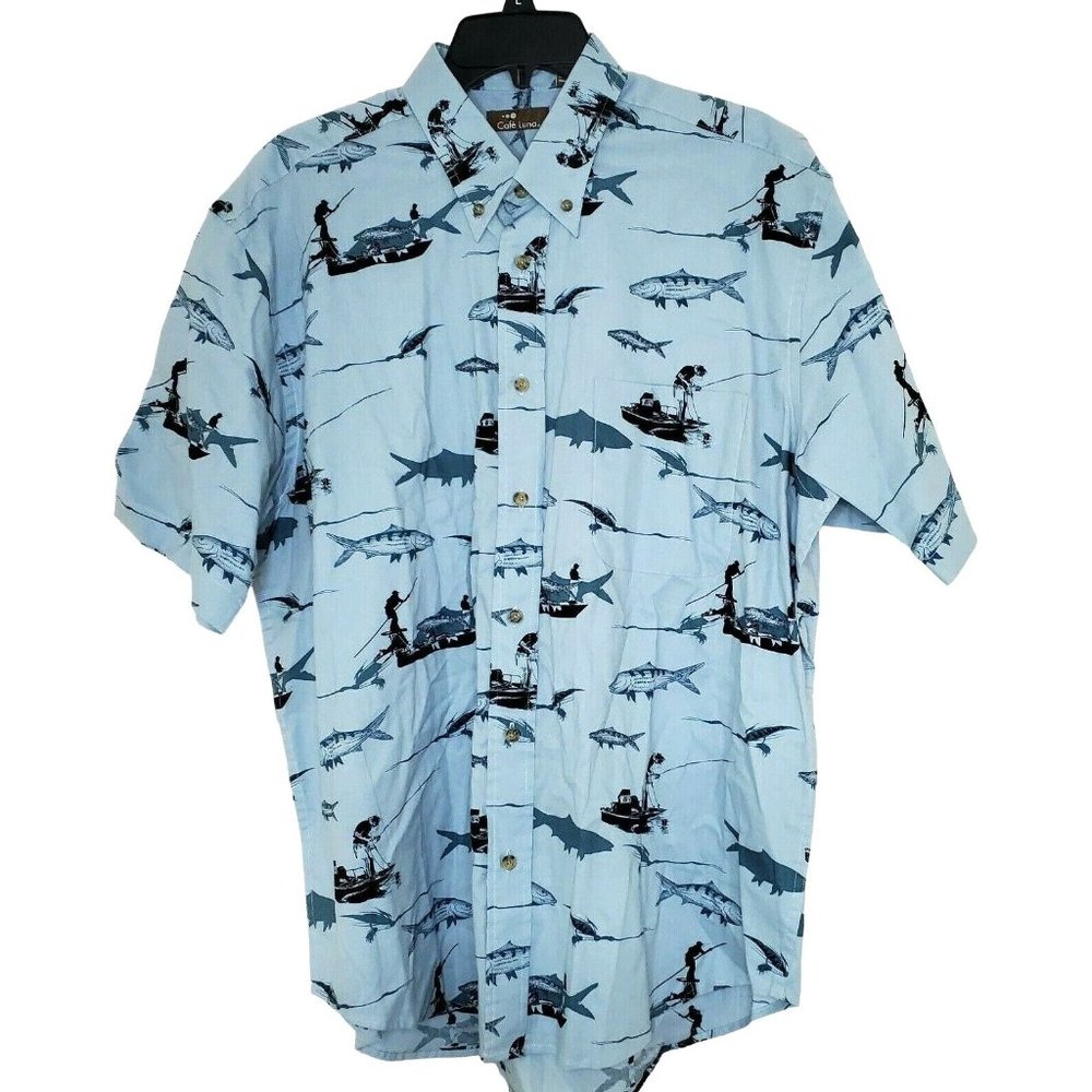 Café Luna Men's Fish Design Man Bass Fishing Camp Shirt Size Large (42/44}
